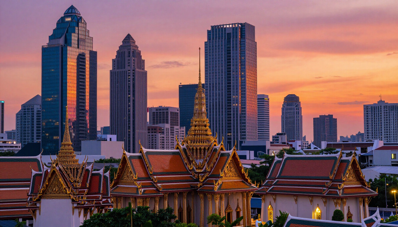A vibrant street scene in Thailand with colorful tuk-tuks and street food stalls.
