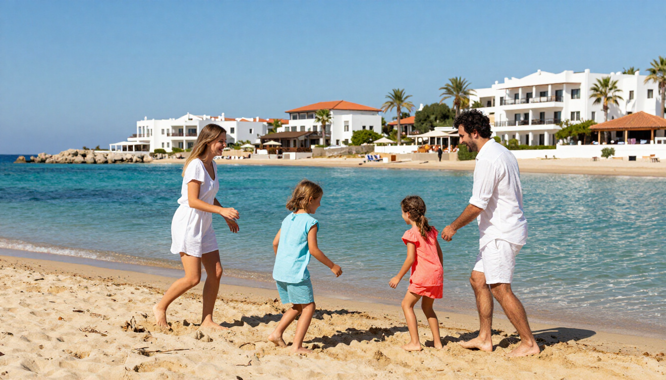 A happy family enjoying a sunny day at a luxury Turkish beach resort.
