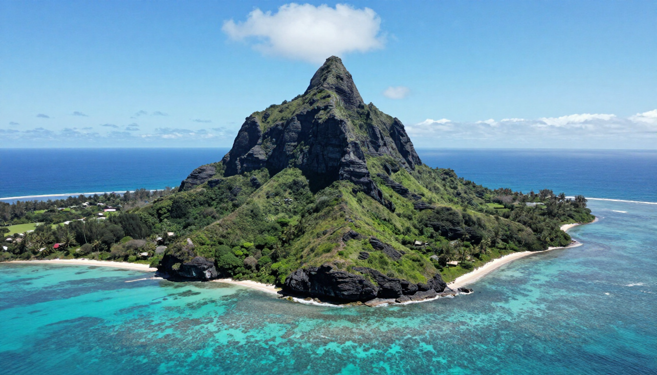 Aerial view of the iconic Le Morne Brabant mountain in Mauritius surrounded by turquoise water.