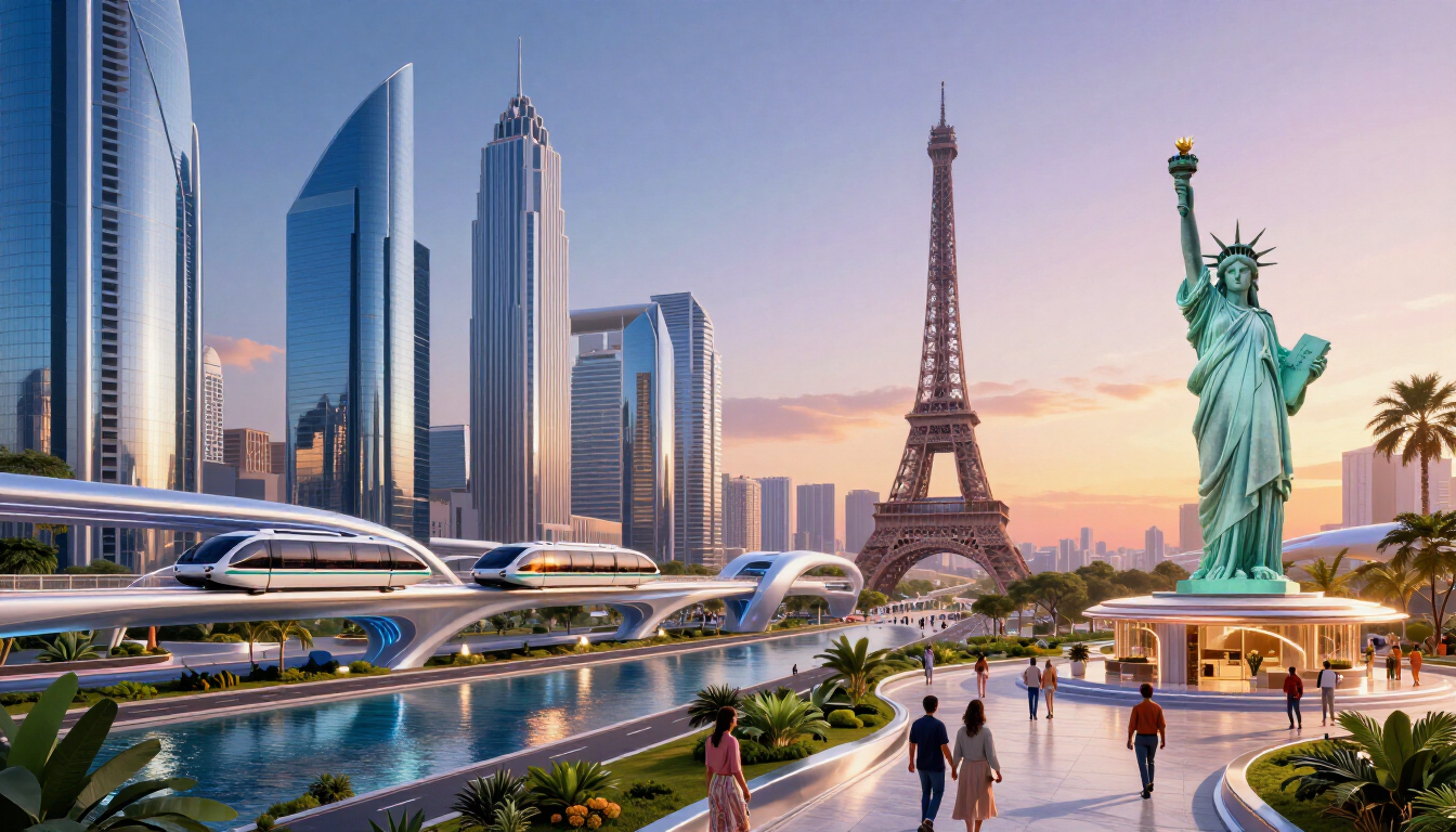 Vibrant futuristic travel landscape showing global landmarks and modern travel vibes.