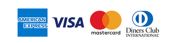 Logos for American Express, Visa, Mastercard, and Diners Club International.