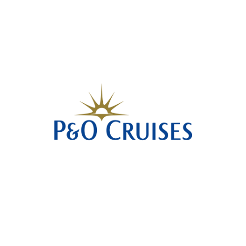 P&O Cruises logo: Blue text with sunburst above; white background.
