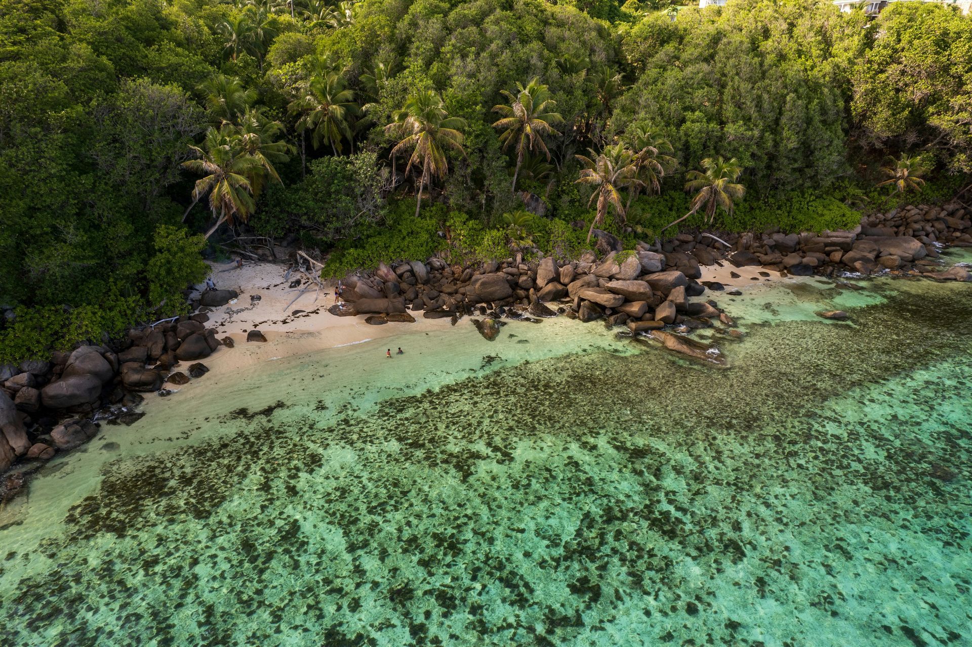 Beach coastline with turquoise water, rocky shore, and lush green vegetation.