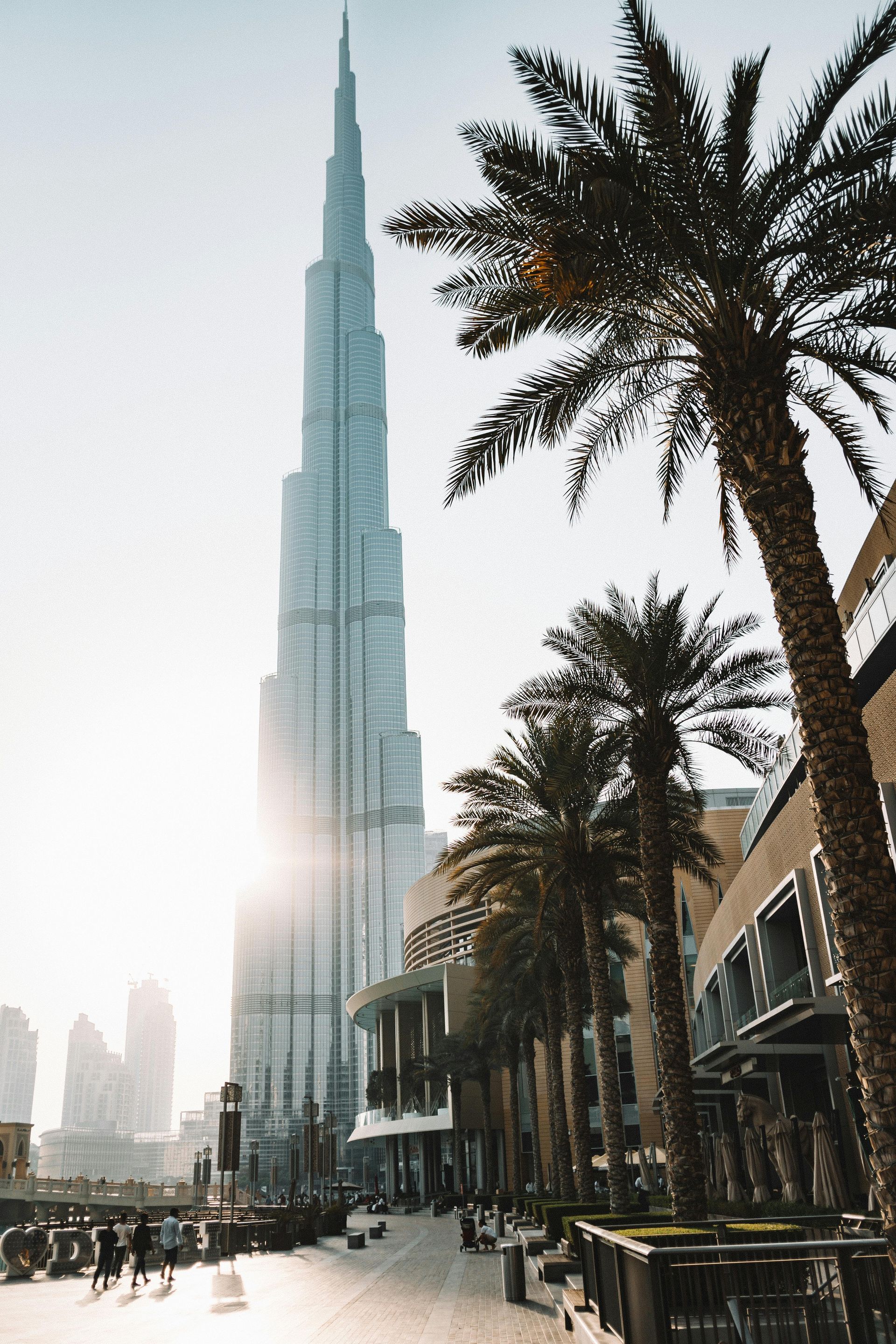 Burj Khalifa skyscraper in Dubai, with palm trees and a sunny street scene.