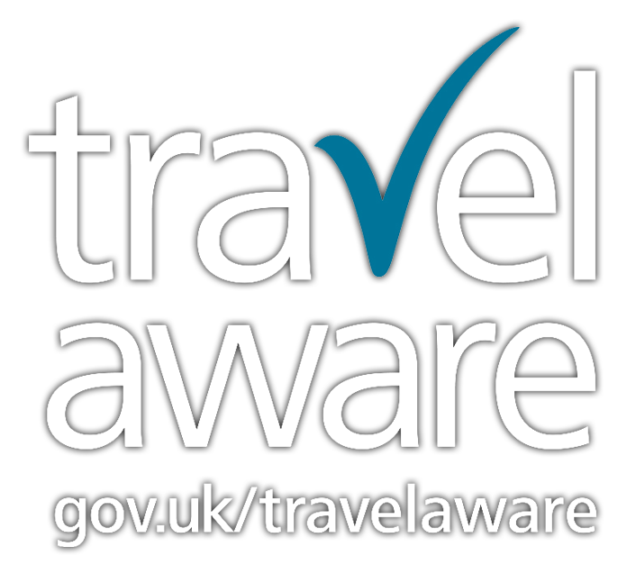 Travel Aware logo with teal checkmark over the 'a' in travel, and gov.uk/travelaware text below.