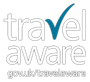 Travel Aware logo with teal checkmark over the 'a' in travel, and gov.uk/travelaware text below.