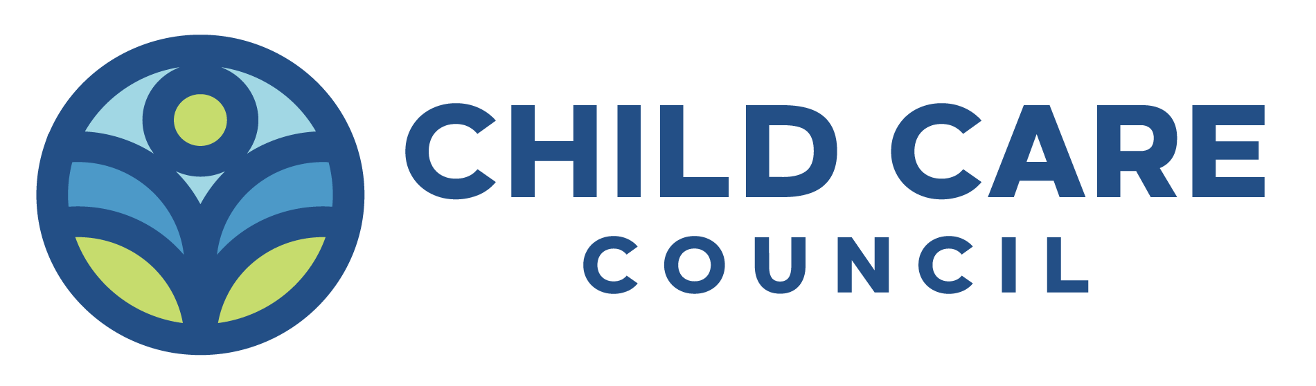 The child care council logo is a blue circle with a flower in the middle.