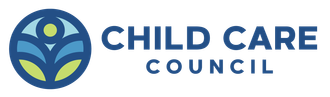 The child care council logo is a blue circle with a flower in the middle.