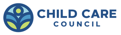 The child care council logo is a blue circle with a flower in the middle.