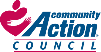 A logo for the community action council with a woman hugging a child