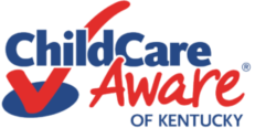 A blue and red logo for childcare aware of kentucky