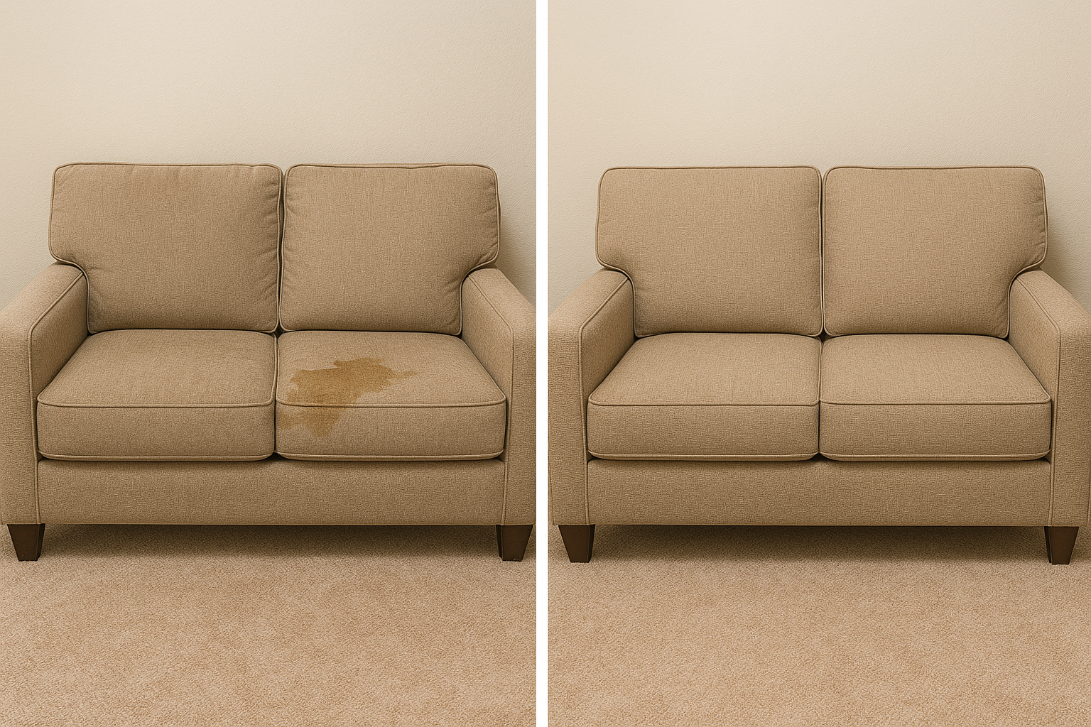 A before and after photo of a couch with stains on it.