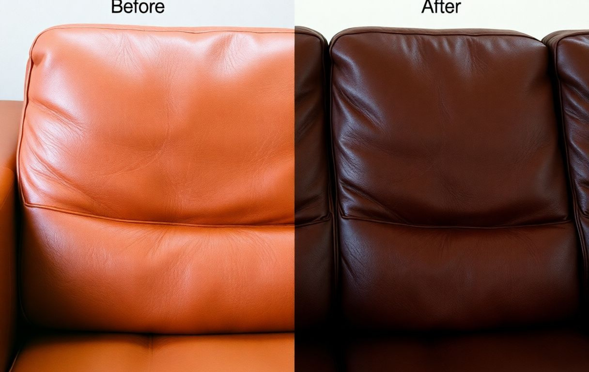 A before and after picture of a brown leather couch.