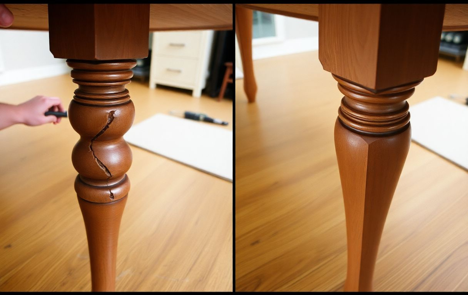 Two pictures of a wooden table with a cracked leg