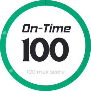 On-Time score of 100 displayed in a white circle with a green border. 
