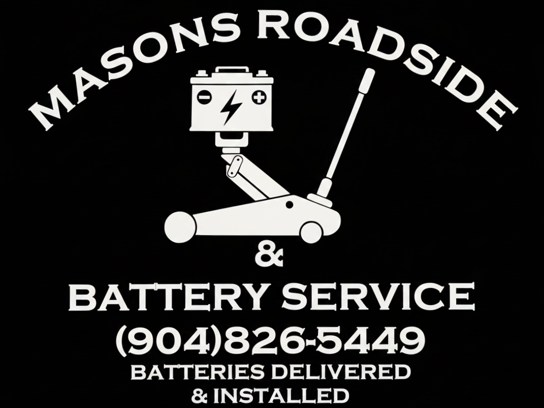 Mason's Roadside & Battery Service logo: battery over a jack, phone number, text "batteries delivered & installed."