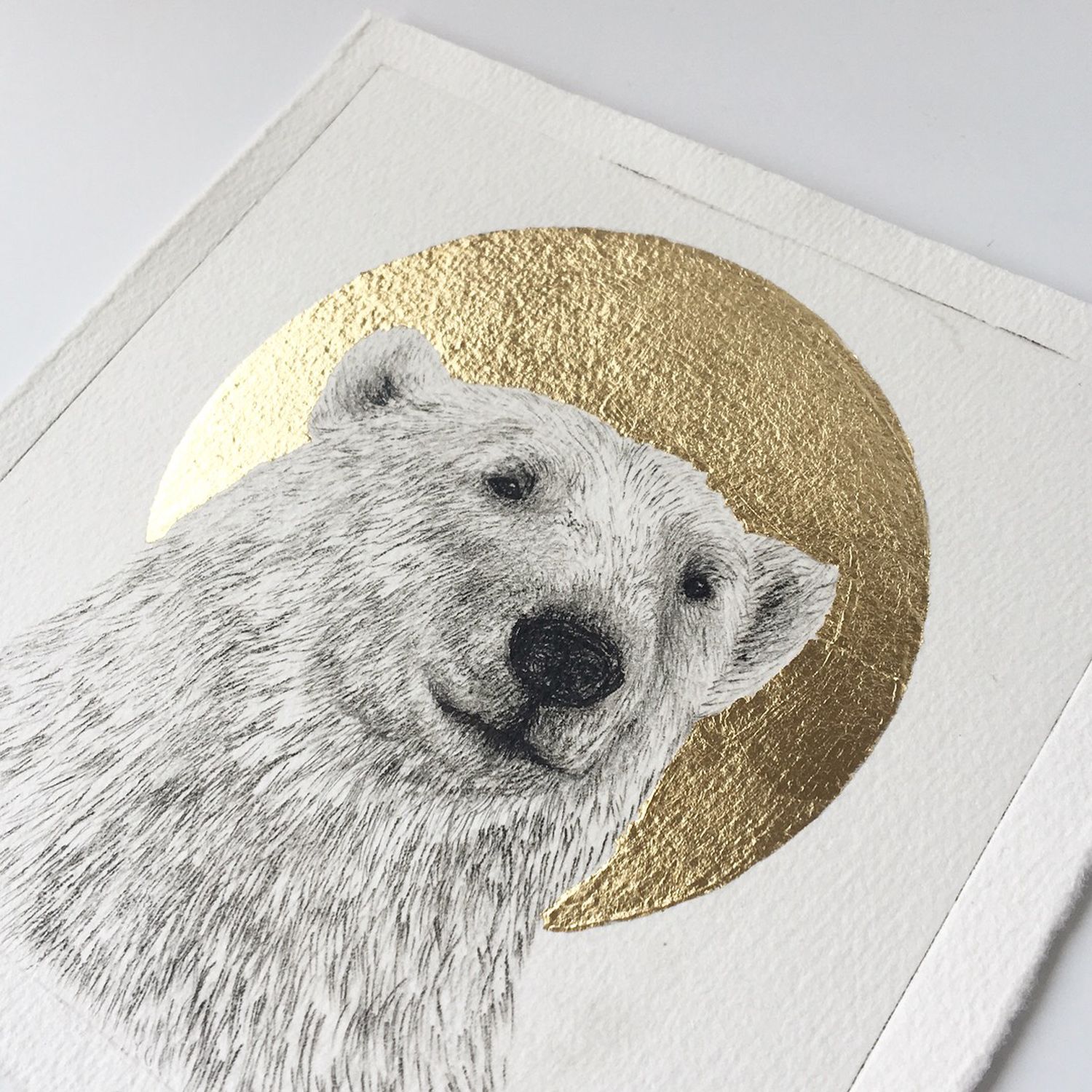 Original dry-point etching and imitation gold leaf on cotton paper. Presenting the polar bear as a sacred and important figure designed and illustrated by helena dore