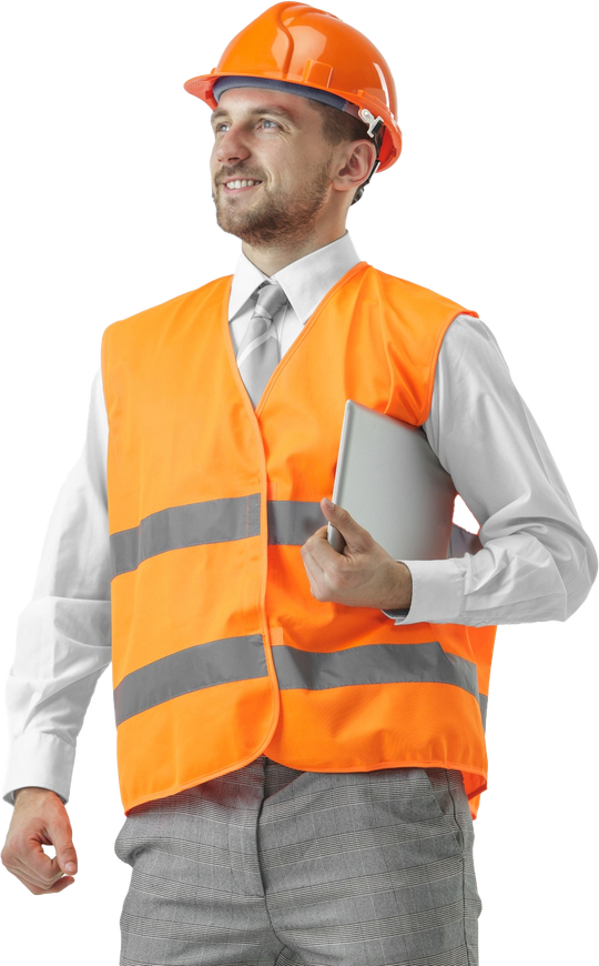 A man wearing a hard hat and an orange vest is holding a tablet