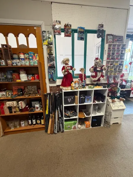 Inside a shop: Shelves with various items, window display with dolls, toys, and Christmas decorations.