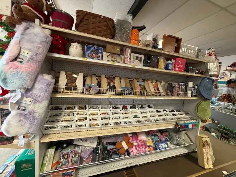 Shelves of items in a store; stockings, small figurines, cards, purses, and hats.
