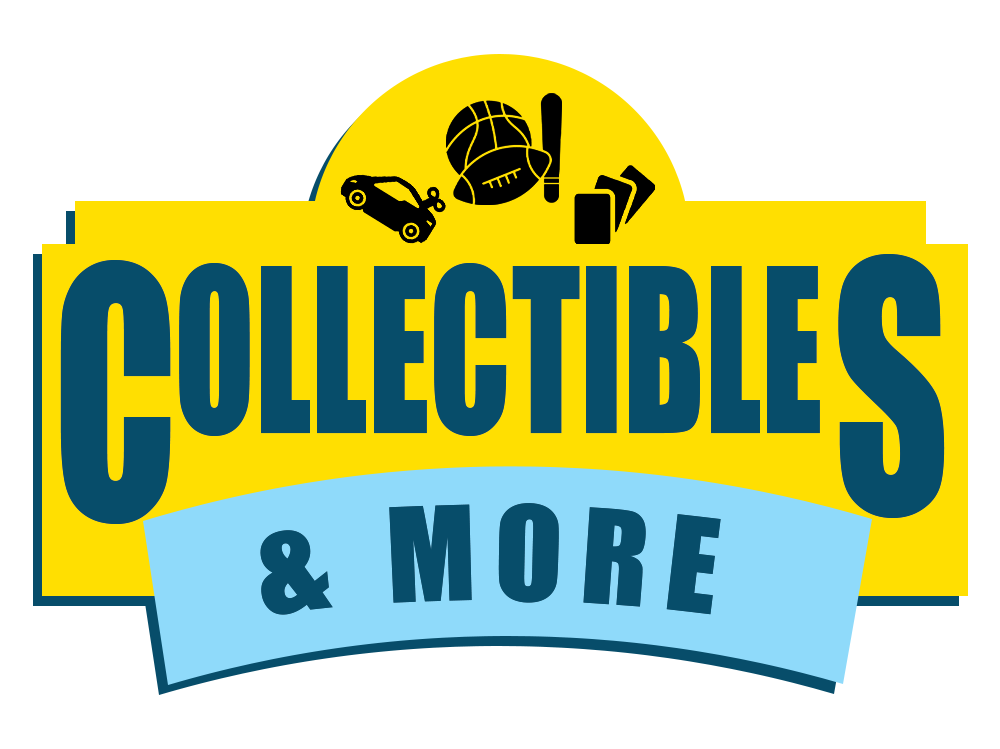"Collectibles & More" logo. Yellow and blue colors with illustrations of a car, ball, baseball bat, and cards.