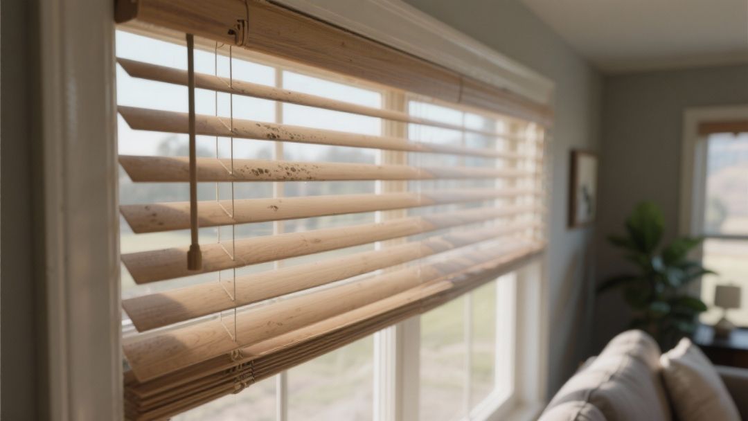 A woman is cleaning blinds with a yellow cloth.