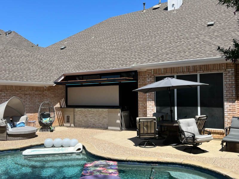 exterior patio shades pool area Love is Blinds