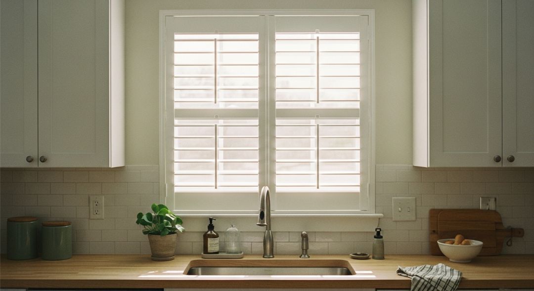 Kitchen sink with window above, white cabinetsand shutters, wooden countertop, and green plant.