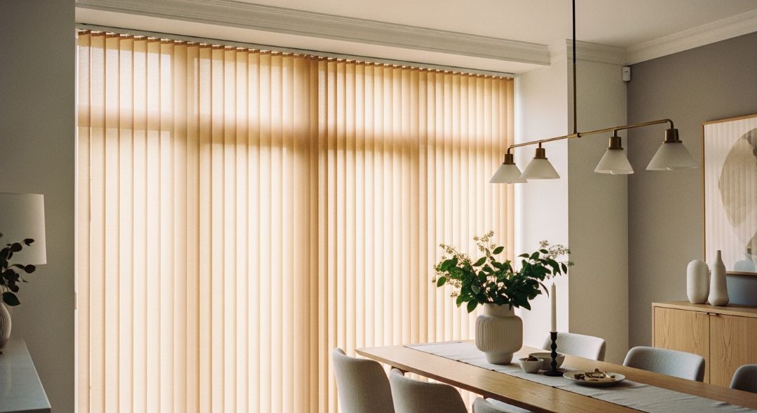 Ready to explore your options? Vertical blinds in a modern dining room