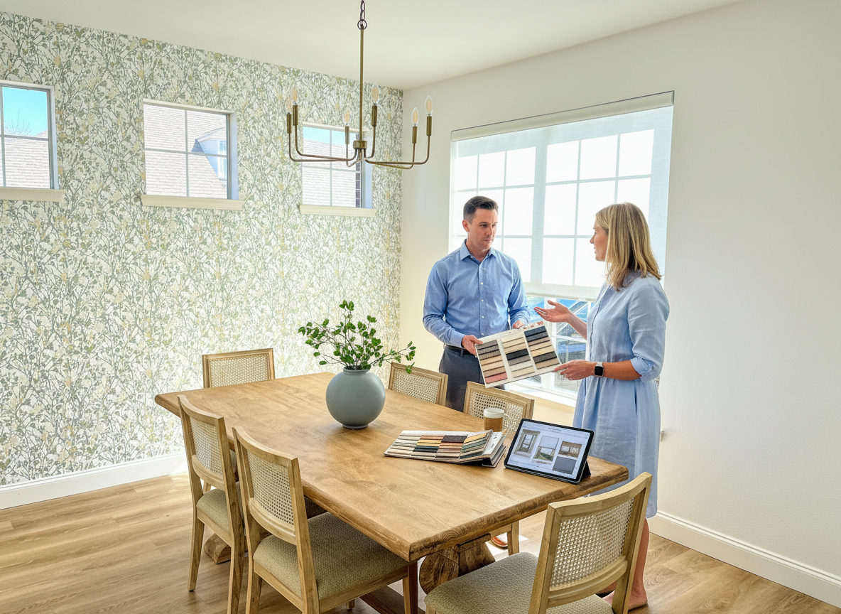 A man and a woman in a dining room looking at design options, table set for six.