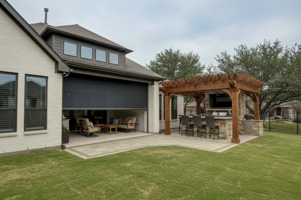 Backyard patio with outdoor kitchen, pergola, bar stools, and partially open house door.