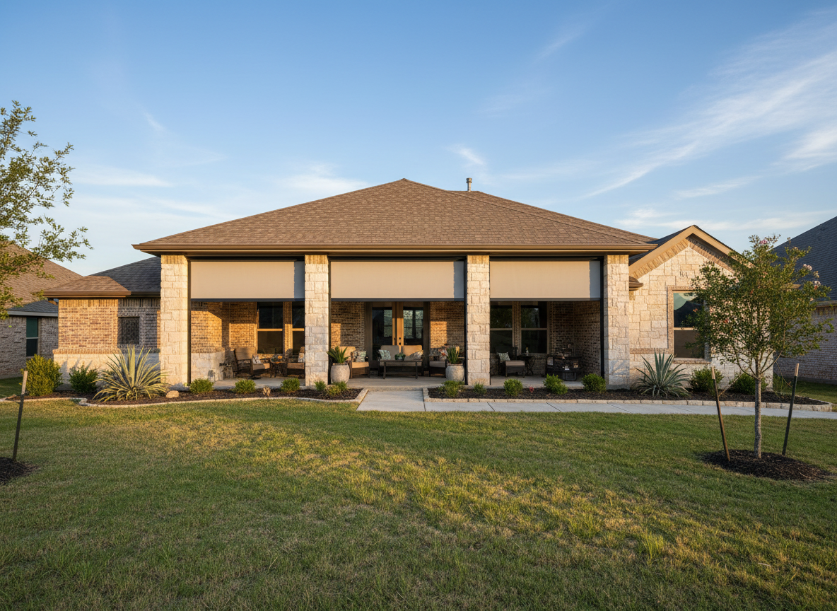 Rear view of a stately home with exterior patio shades to give privacy - love is blinds waco