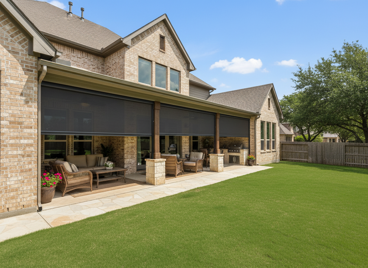 A home with a large patio has exterior patio shades for privacy - love is blinds waco