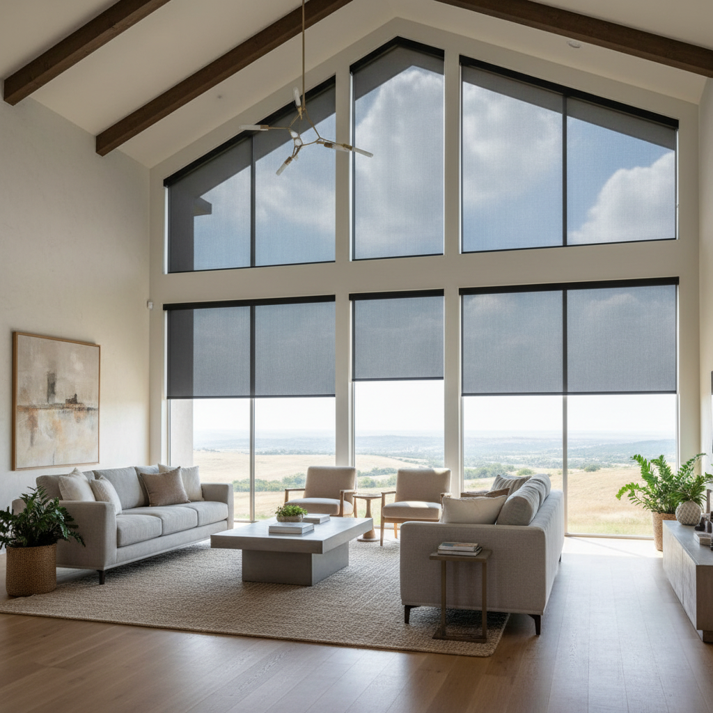 Interior of a Texas home during a bright summer afternoon. Automated solar shades are lowered - love is blinds, tx