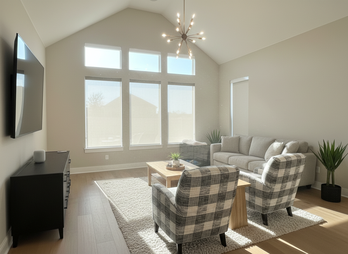 A living room with vaulted ceilings and large windows with roller shades - love is blinds, tx