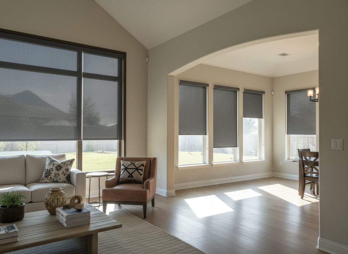 Two adjacent rooms have motorized roller shades to control light - love is blinds, tx