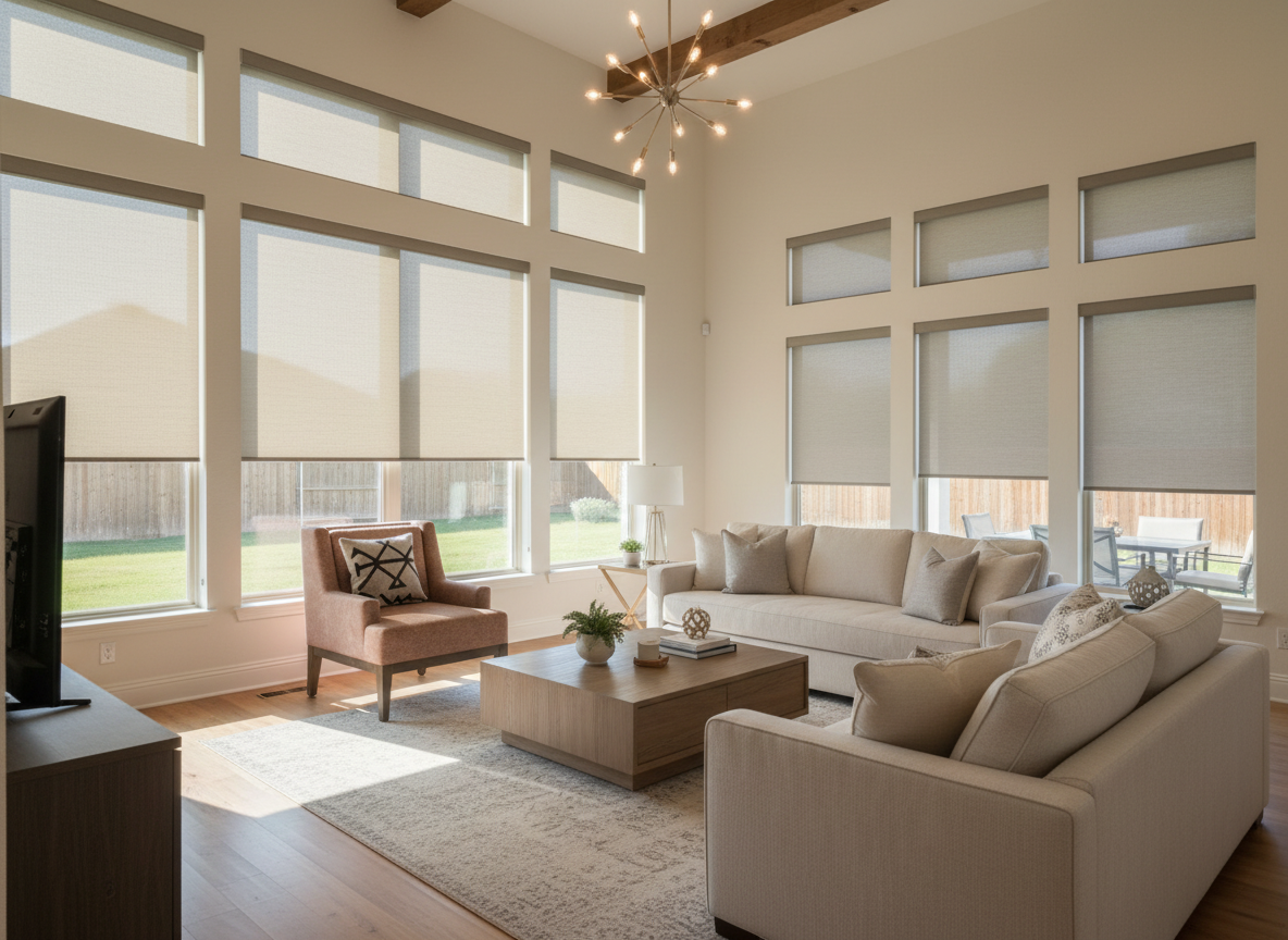 modern Texas home living room with large floor-to-ceiling windows featuring automated roller shades 