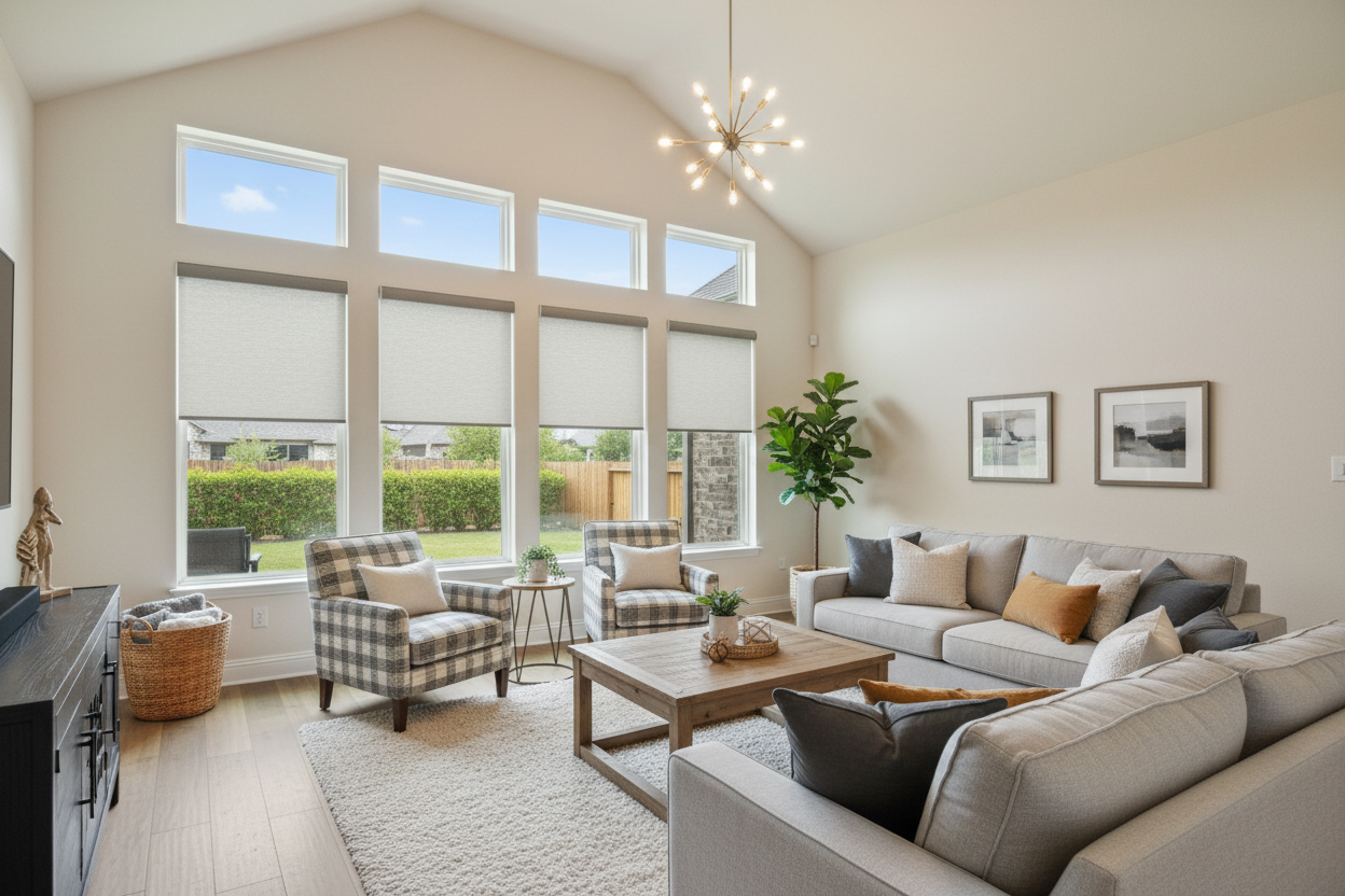 interior of a modern Central Texas home with large windows fitted with energy-efficient window treat