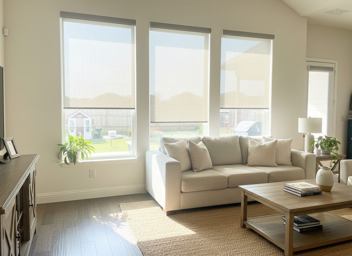 interior of a Texas home living space with large uncovered windows allowing afternoon sunlight to pour in