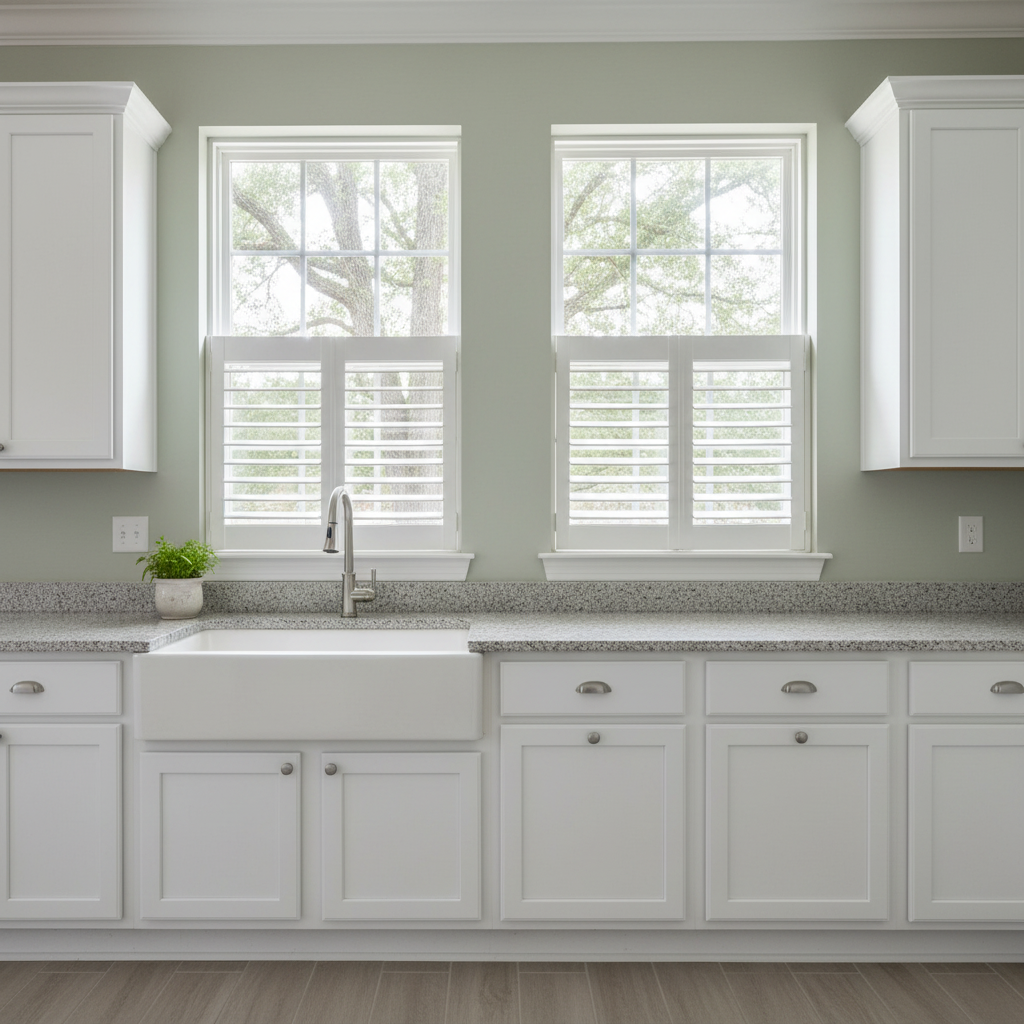 A small country kitchen has shutters on the windows - love is blinds