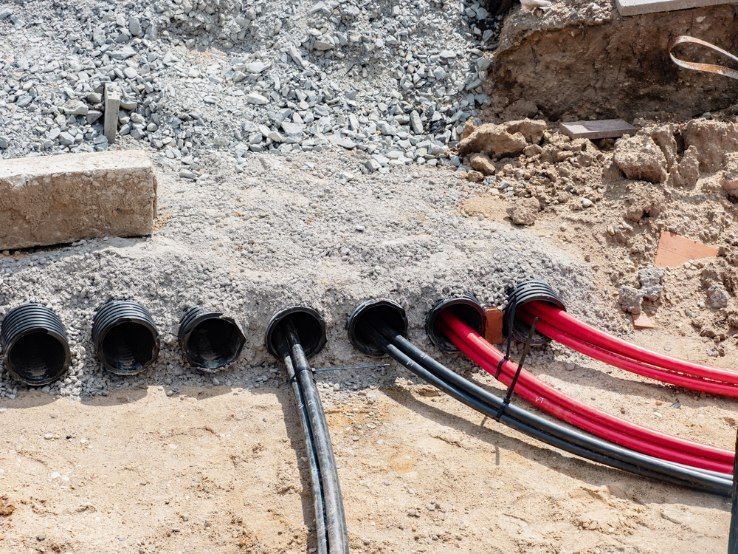 Black And Red Electrical Cables Emerging From Conduits Buried In Concrete — Aliance Group in Kempsey, NSW