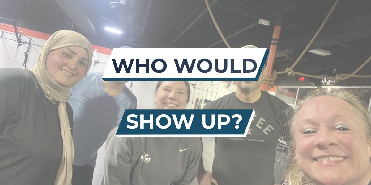 Three smiling people at an event with bold text reading “WHO WOULD SHOW UP?”