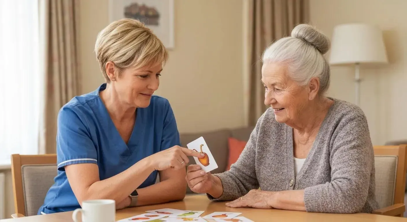 A caregiver in blue scrubs sits at a table with an older woman, smiling and helping her with picture-card memory exercises during an at-home care session.