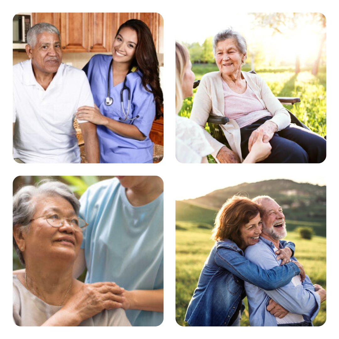 A collage of four pictures of elderly people and a nurse