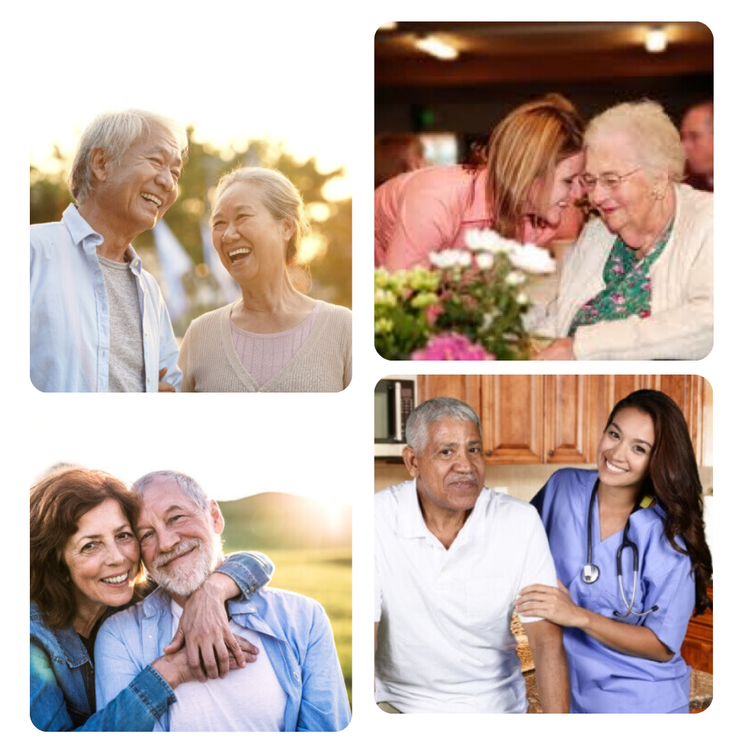 A collage of four pictures of elderly people and a nurse