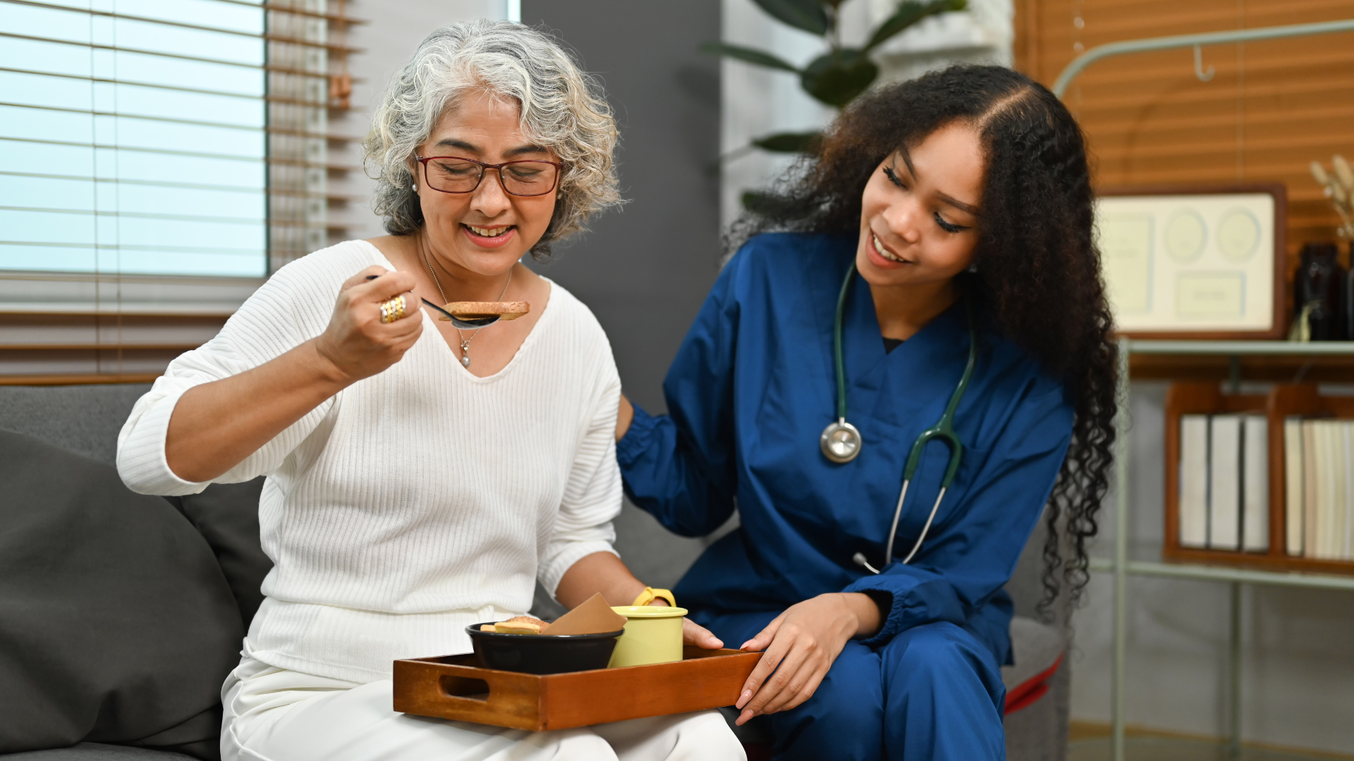 Photo of elderly woman having healthy nutrition breakfast meal