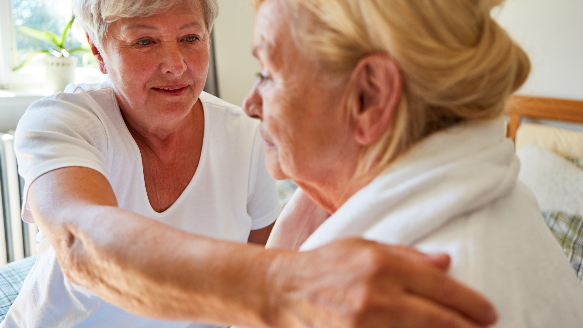 Nursing Service Woman Cares for Senior Citizen with Dementia at