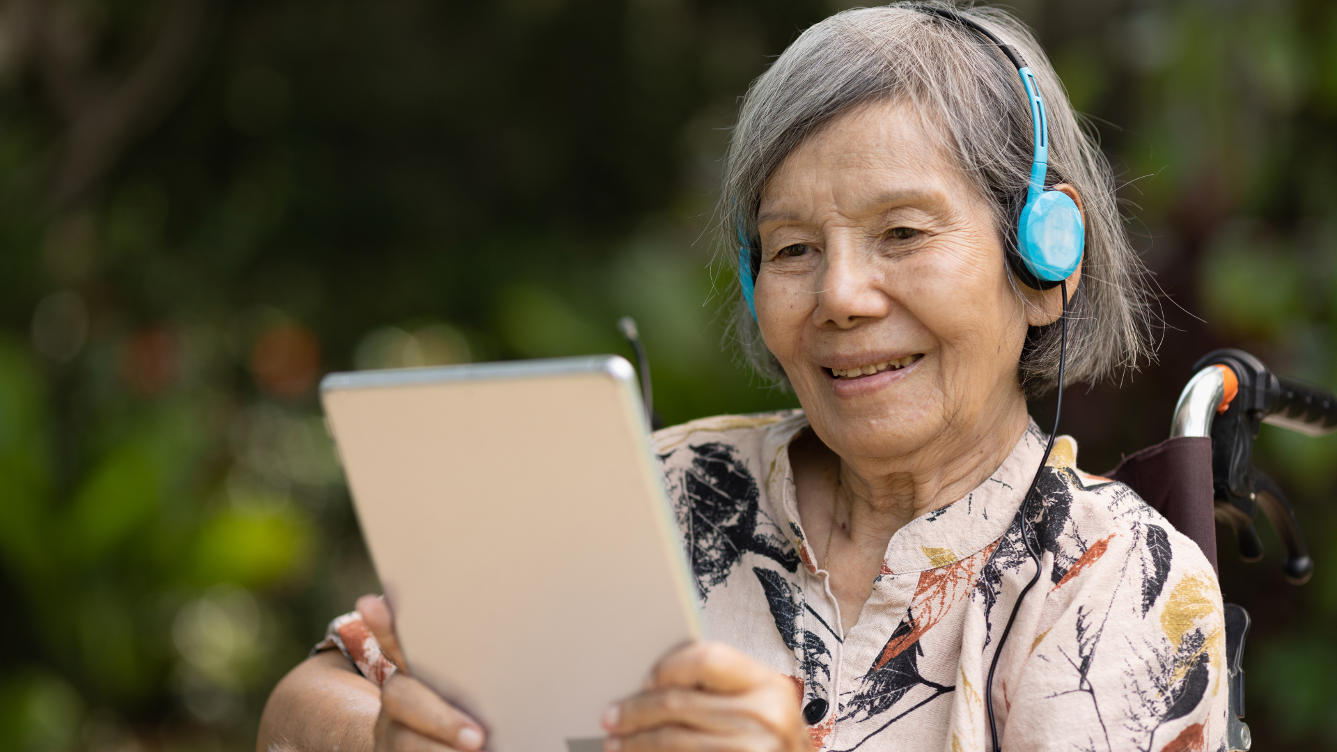 Music in dementia treatment on an elderly woman.