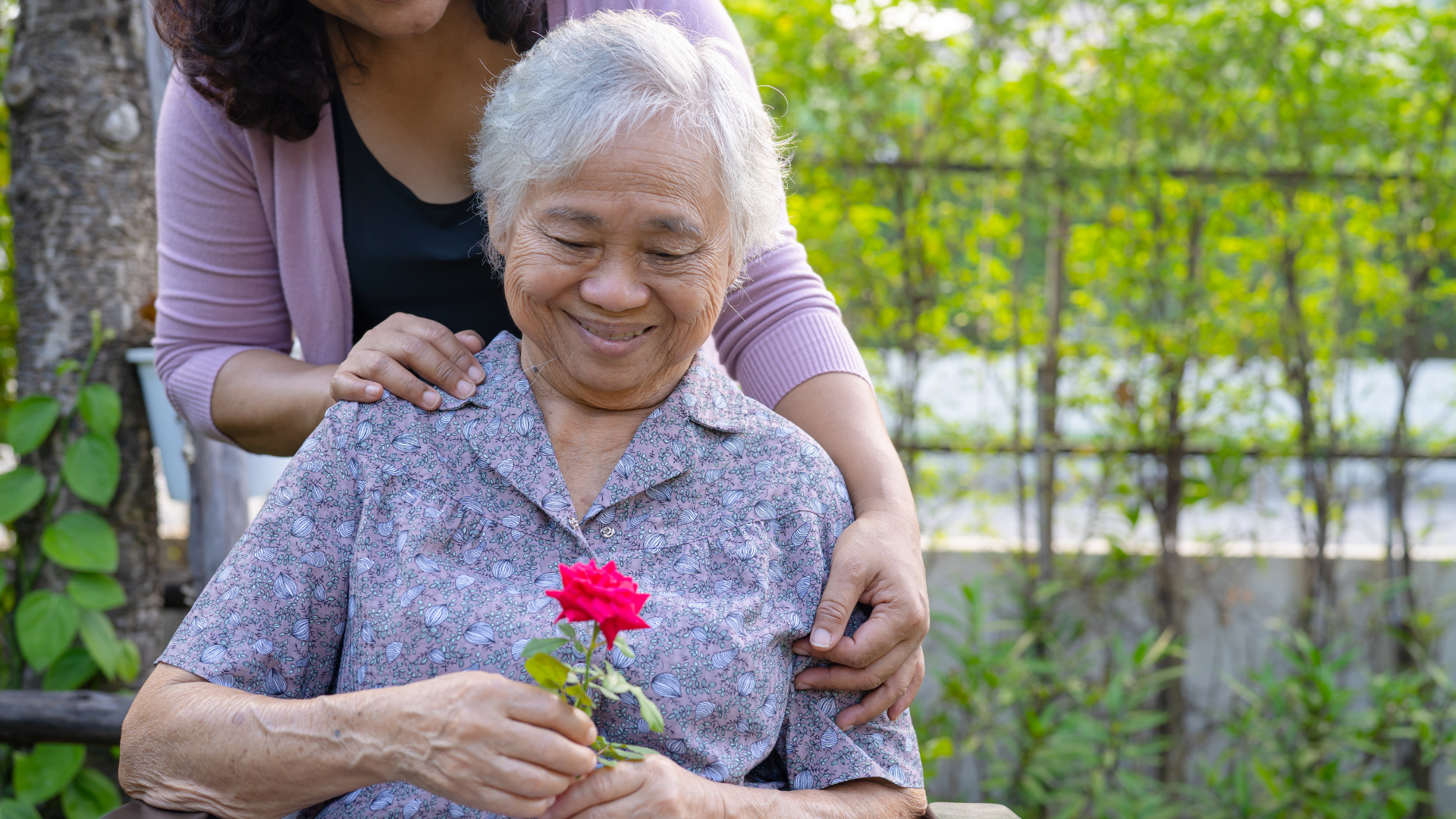 Caregiver Daughter Hug and Help Asian Senior or Elderly Old Lad