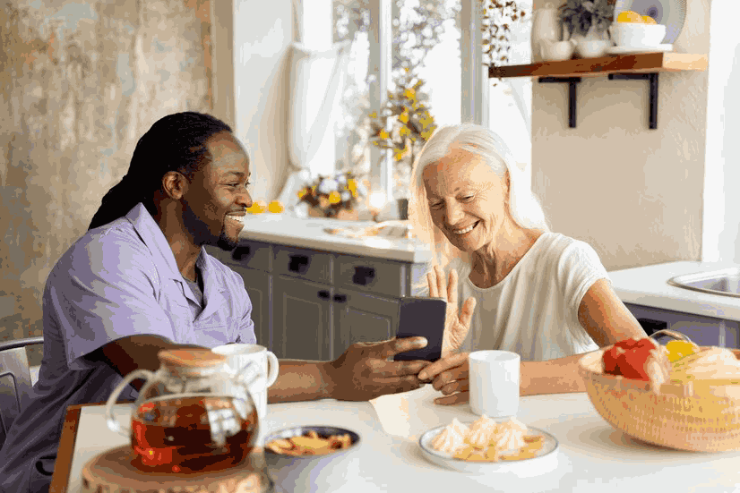 A man and a woman are sitting at a table looking at a cell phone.